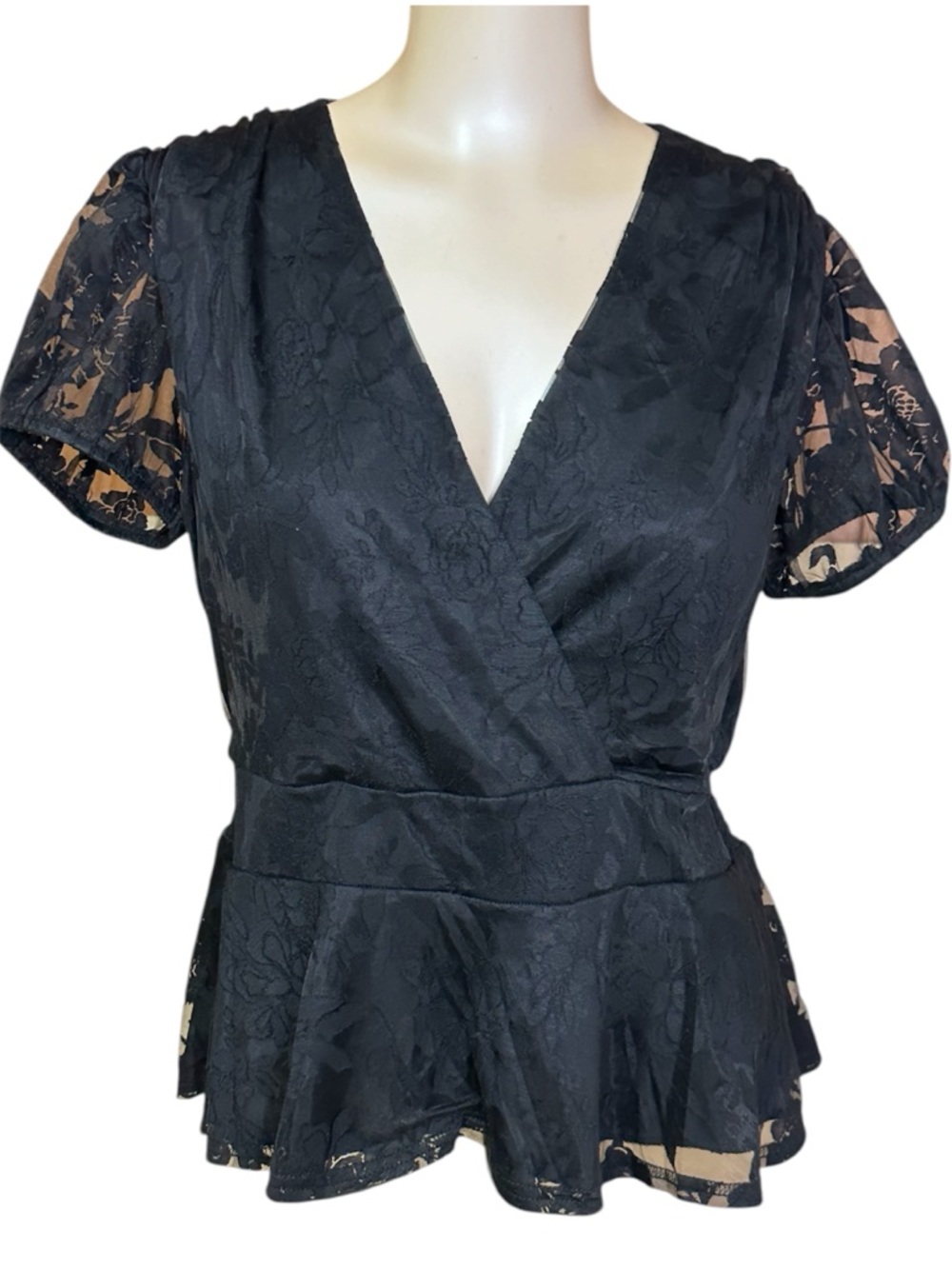 Ember Black Floral Lace Peplum Top Romantic Mesh Layered Cap Sleeve Medium